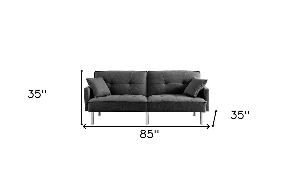 Dark Gray Polyester Blend Convertible Futon Sleeper Sofa and Toss Pillows with Silver Legs