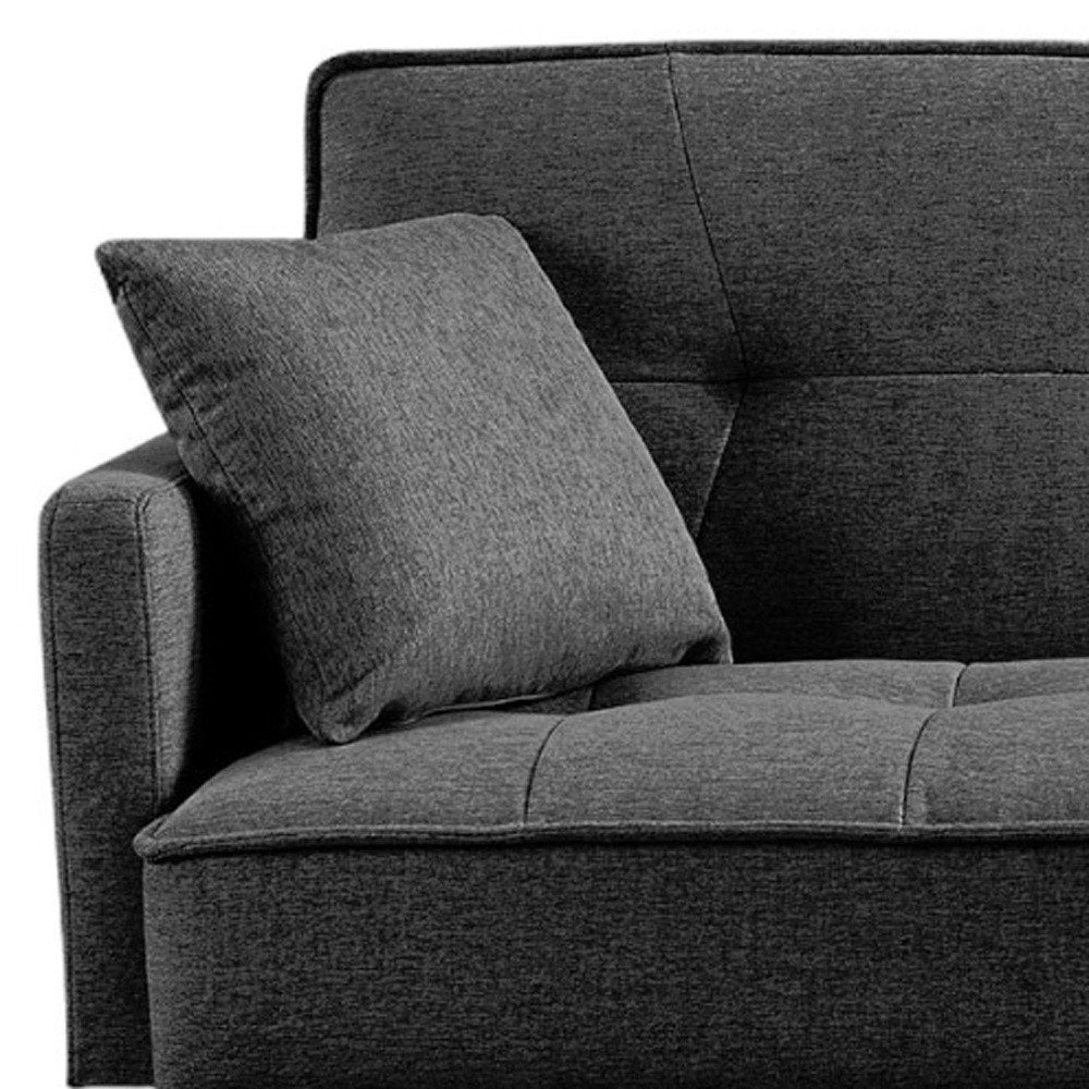 Dark Gray Polyester Blend Convertible Futon Sleeper Sofa and Toss Pillows with Silver Legs