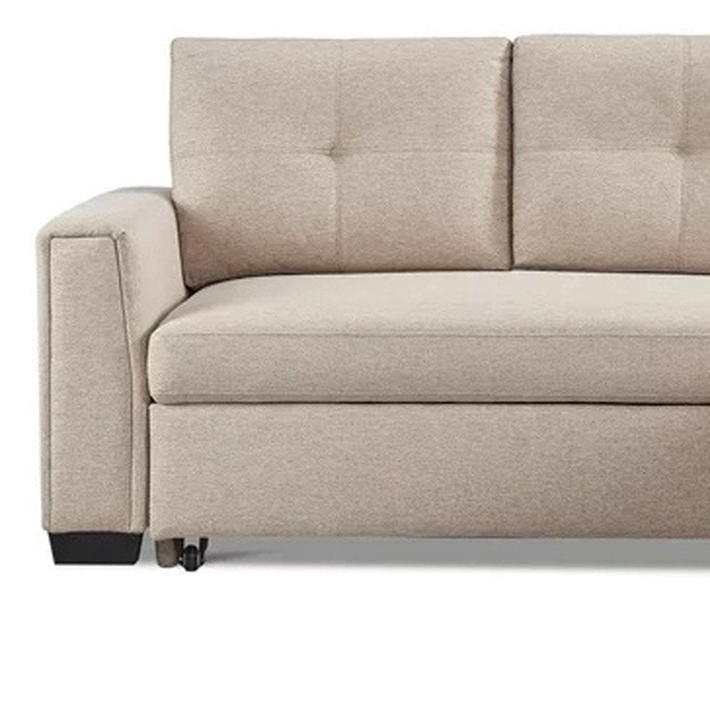 Beige Polyester Blend Convertible Futon Sleeper Sofa with Black Legs