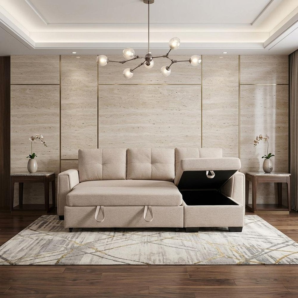 Beige Polyester Blend Convertible Futon Sleeper Sofa with Black Legs