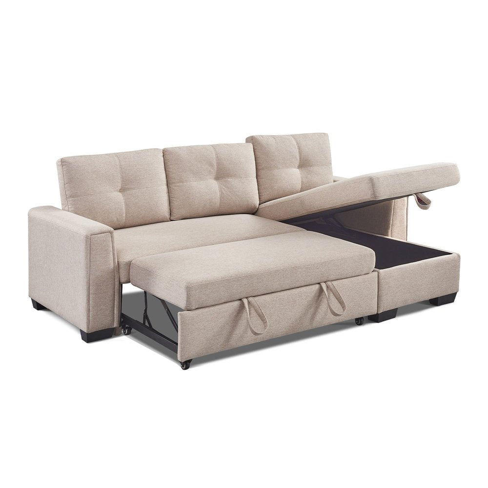 Beige Polyester Blend Convertible Futon Sleeper Sofa with Black Legs