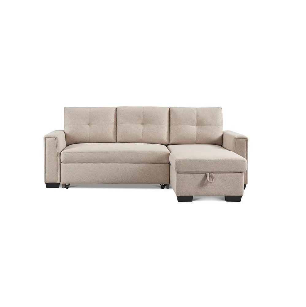 Beige Polyester Blend Convertible Futon Sleeper Sofa with Black Legs