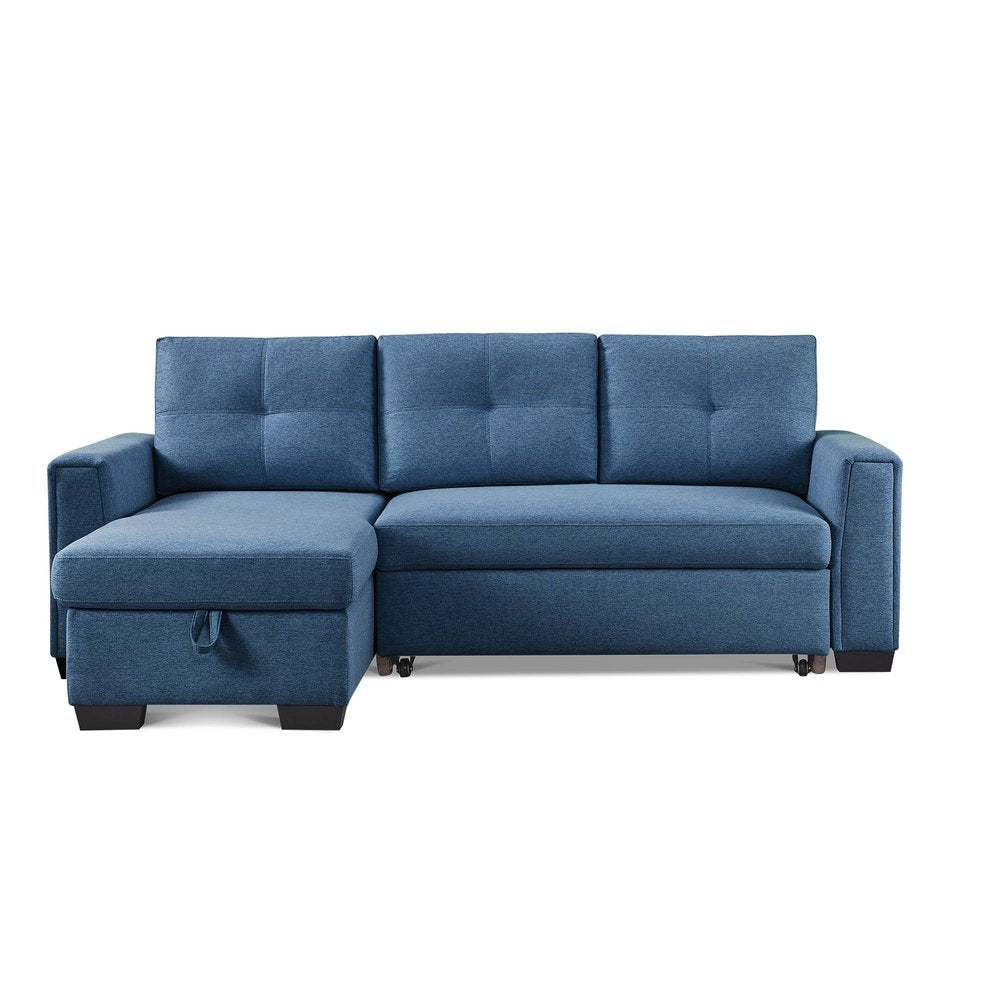 Blue Polyester Blend Convertible Futon Sleeper Sofa with Black Legs
