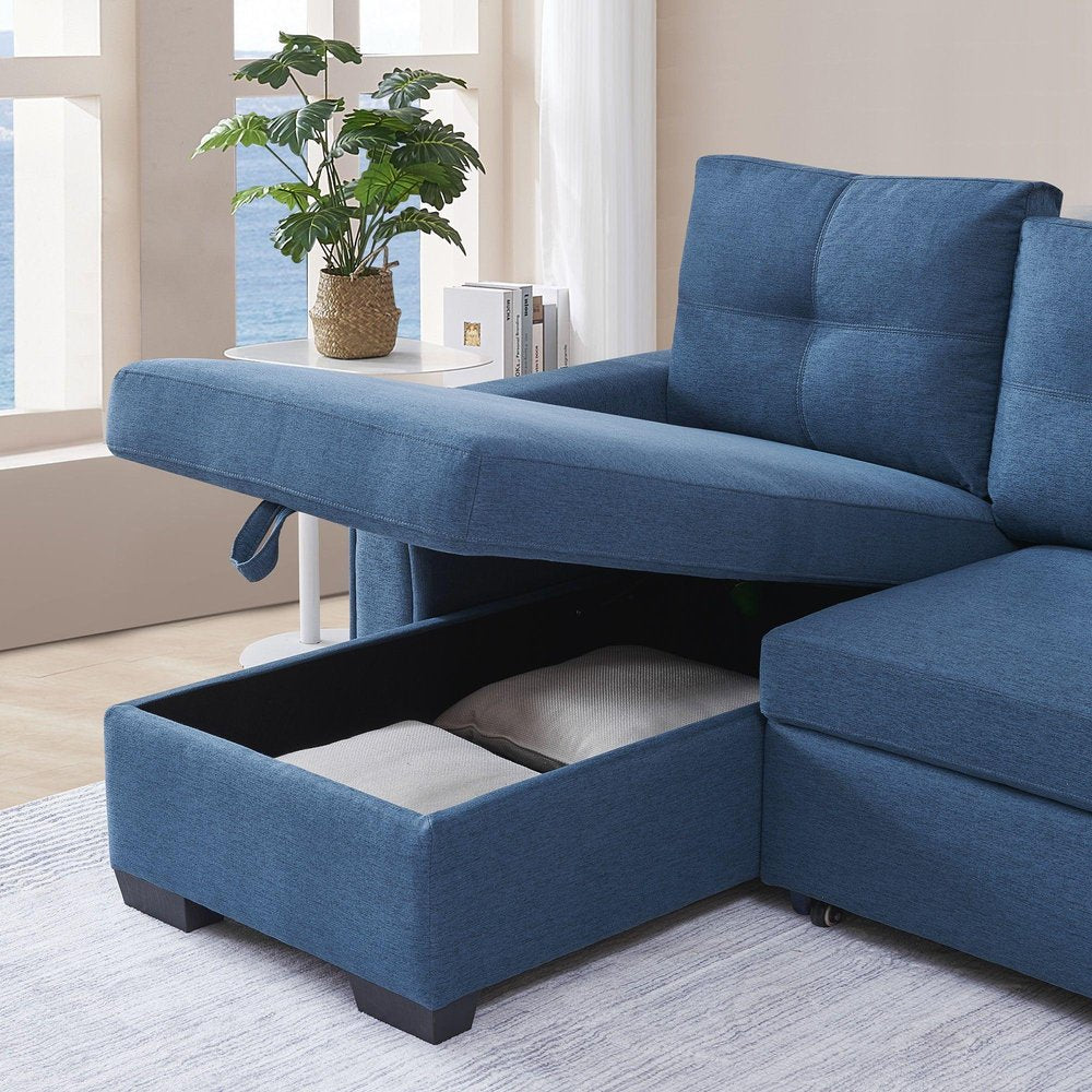 Blue Polyester Blend Convertible Futon Sleeper Sofa with Black Legs