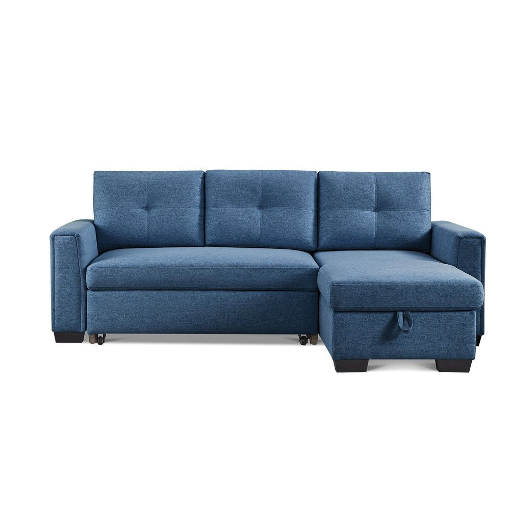 Blue Polyester Blend Convertible Futon Sleeper Sofa with Black Legs
