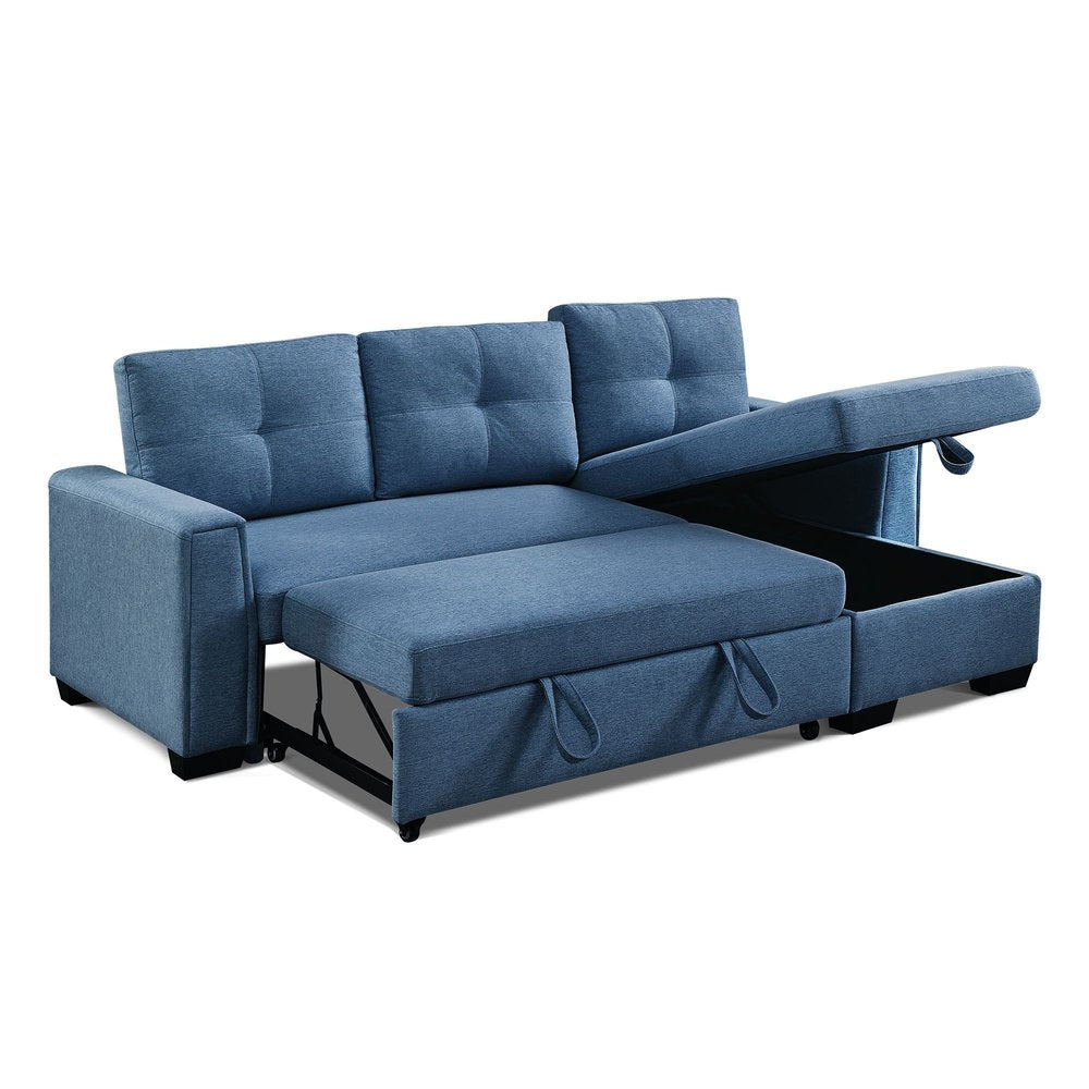 Blue Polyester Blend Convertible Futon Sleeper Sofa with Black Legs