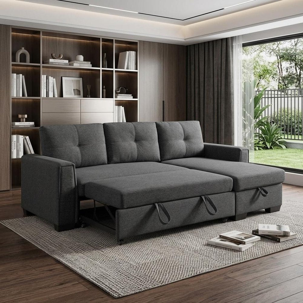 Dark Gray Polyester Blend Convertible Futon Sleeper Sofa with Black Legs