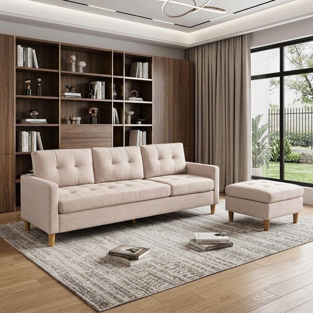 Beige Polyester Blend Sofa with Ottoman with Natural Legs - 87-inch
