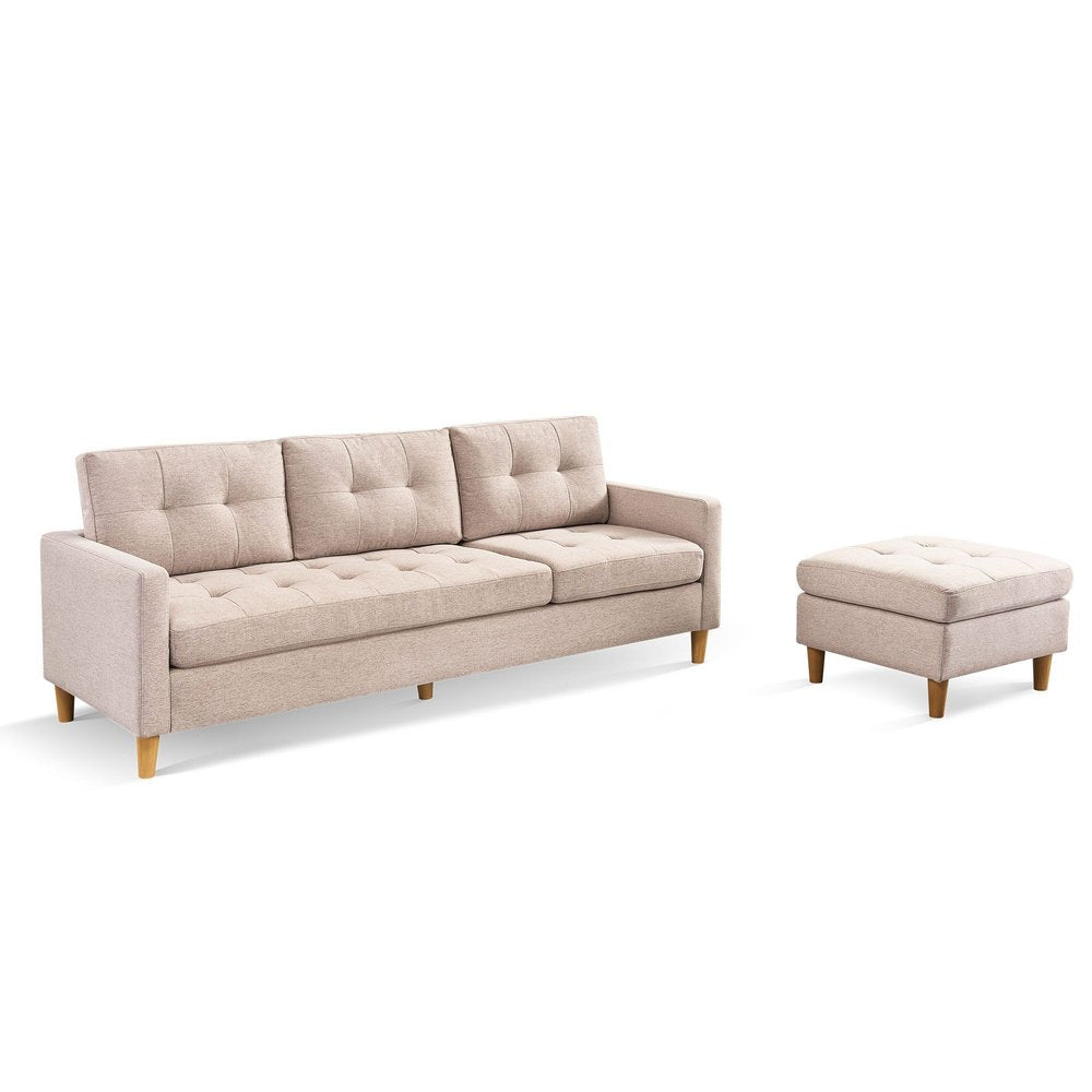 Beige Polyester Blend Sofa with Ottoman with Natural Legs - 87-inch