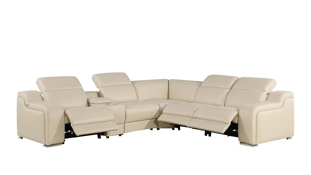 Beige Italian Leather Power Reclining Curved Six Piece Corner Sectional with Console