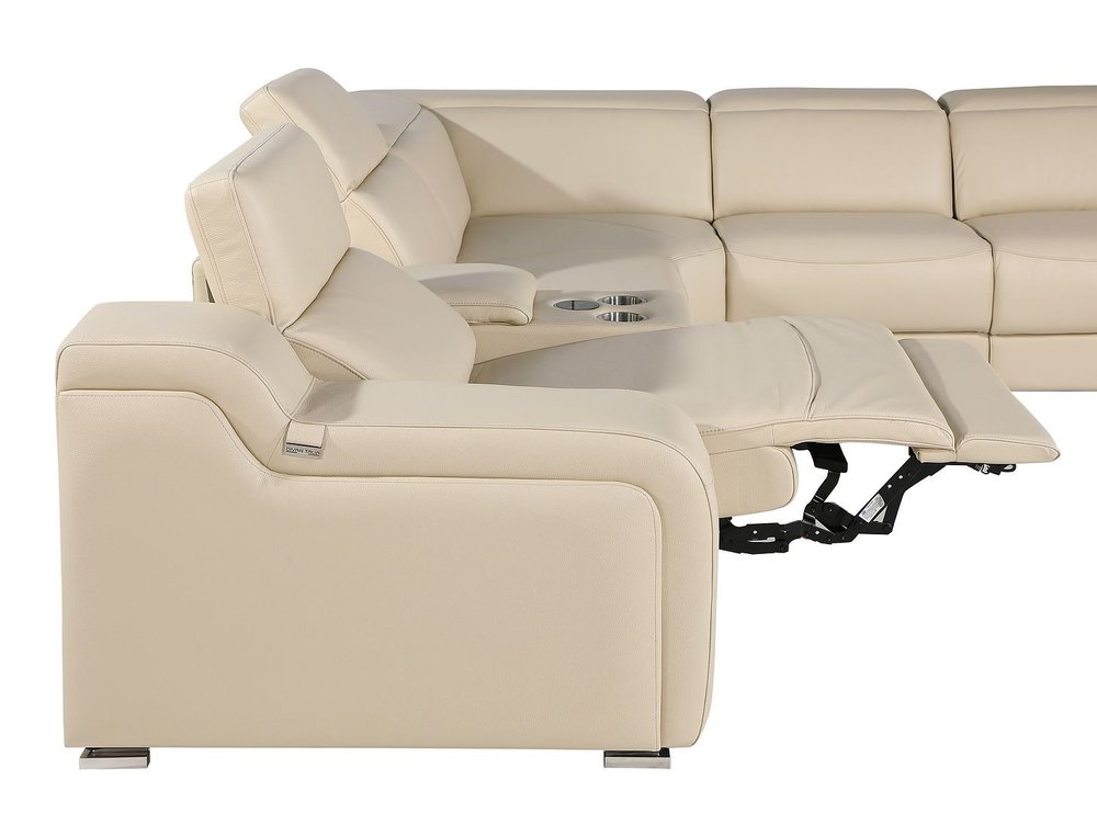 Beige Italian Leather Power Reclining Curved Six Piece Corner Sectional with Console