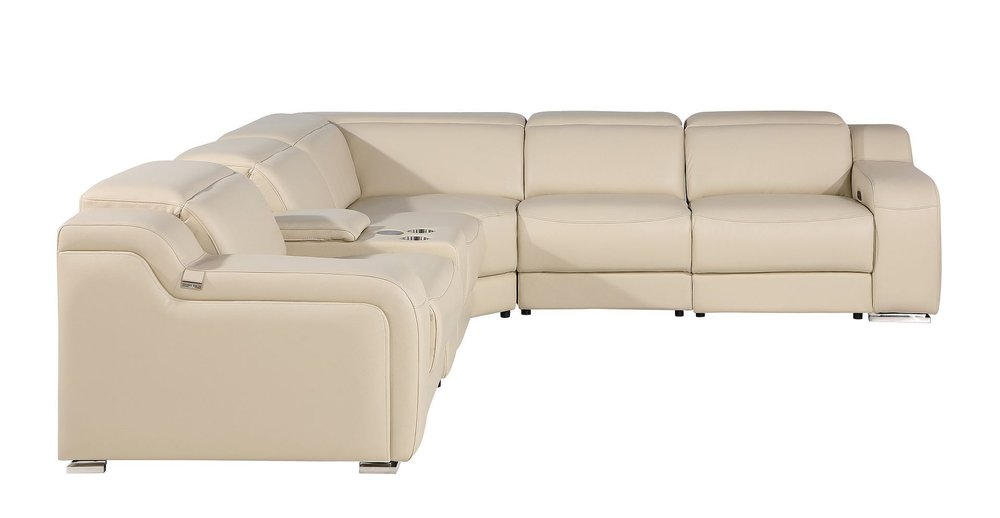 Beige Italian Leather Power Reclining Curved Six Piece Corner Sectional with Console