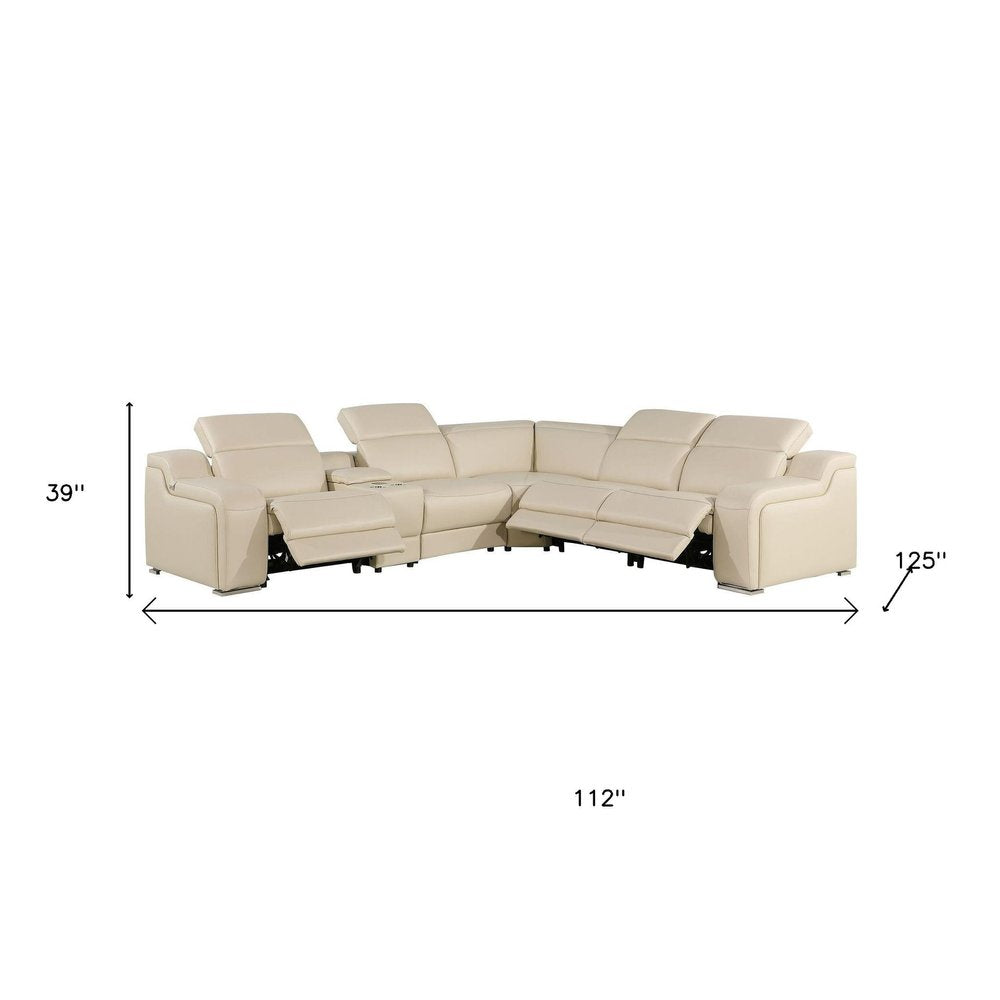 Beige Italian Leather Power Reclining Curved Six Piece Corner Sectional with Console