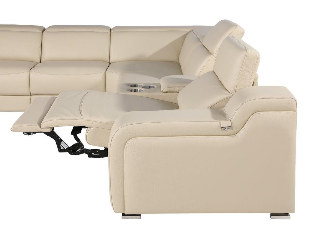 Beige Italian Leather Power Reclining Curved Six Piece Corner Sectional with Console