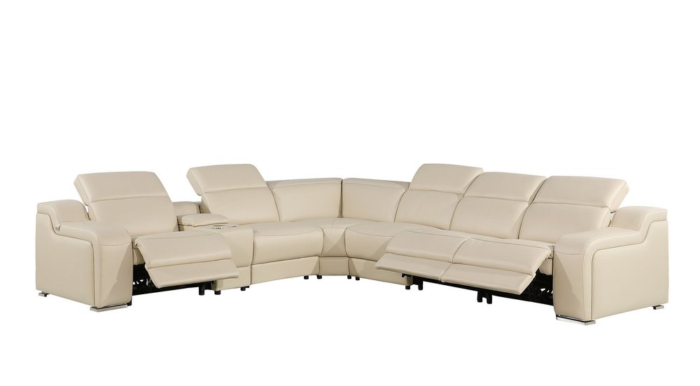 Beige Italian Leather Power Reclining Curved Seven Piece Corner Sectional with Console