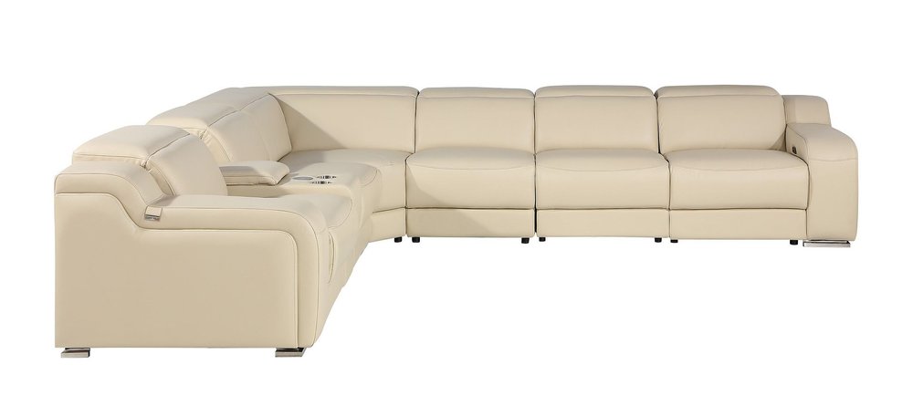 Beige Italian Leather Power Reclining Curved Seven Piece Corner Sectional with Console