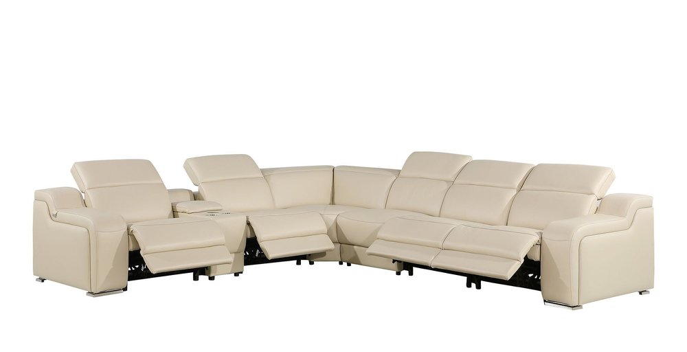Beige Italian Leather Power Reclining Curved Seven Piece Corner Sectional with Console