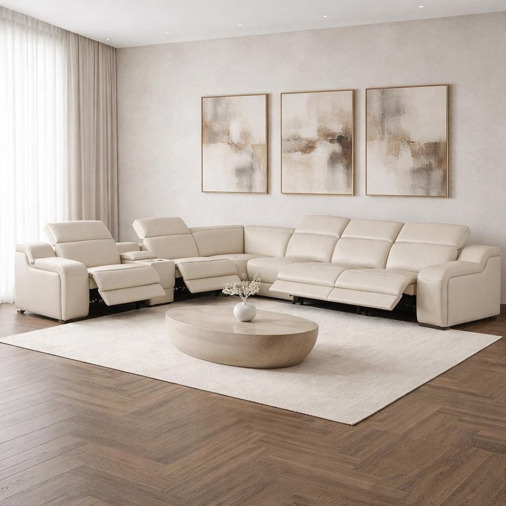 Beige Italian Leather Power Reclining Curved Seven Piece Corner Sectional with Console