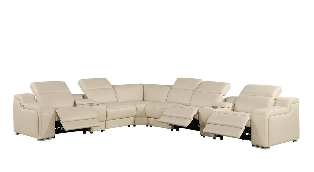 Beige Italian Leather Power Reclining Curved Seven Piece Corner Sectional with Console