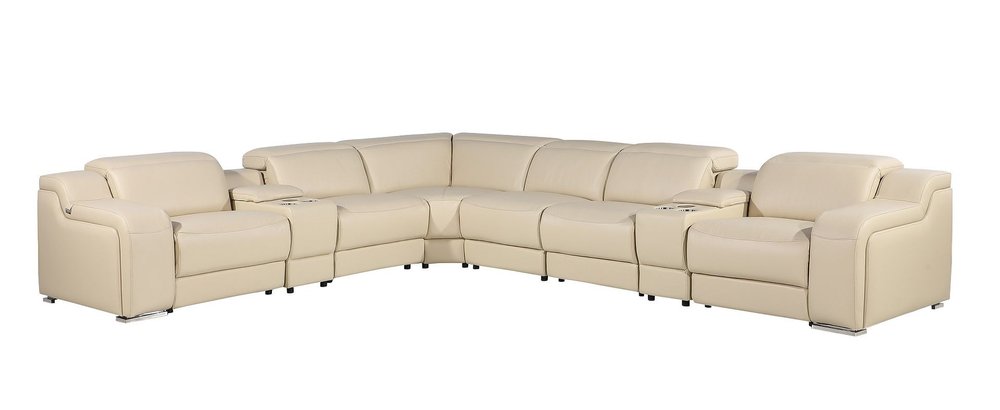 Beige Italian Leather Power Reclining Curved Seven Piece Corner Sectional with Console