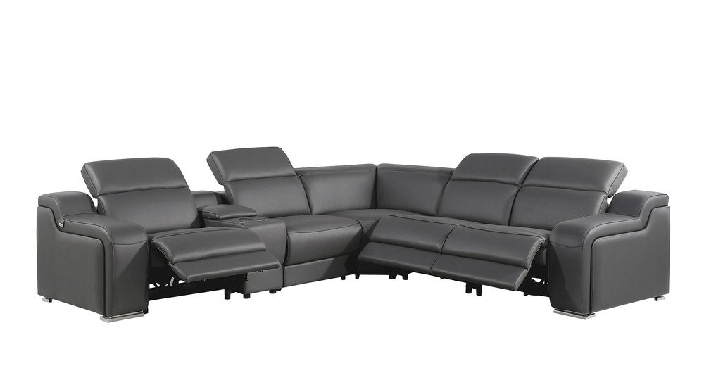 Dark Gray Italian Leather Power Reclining L Shaped Six Piece Corner Sectional with Console