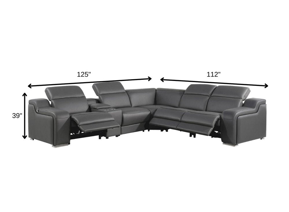 Dark Gray Italian Leather Power Reclining L Shaped Six Piece Corner Sectional with Console