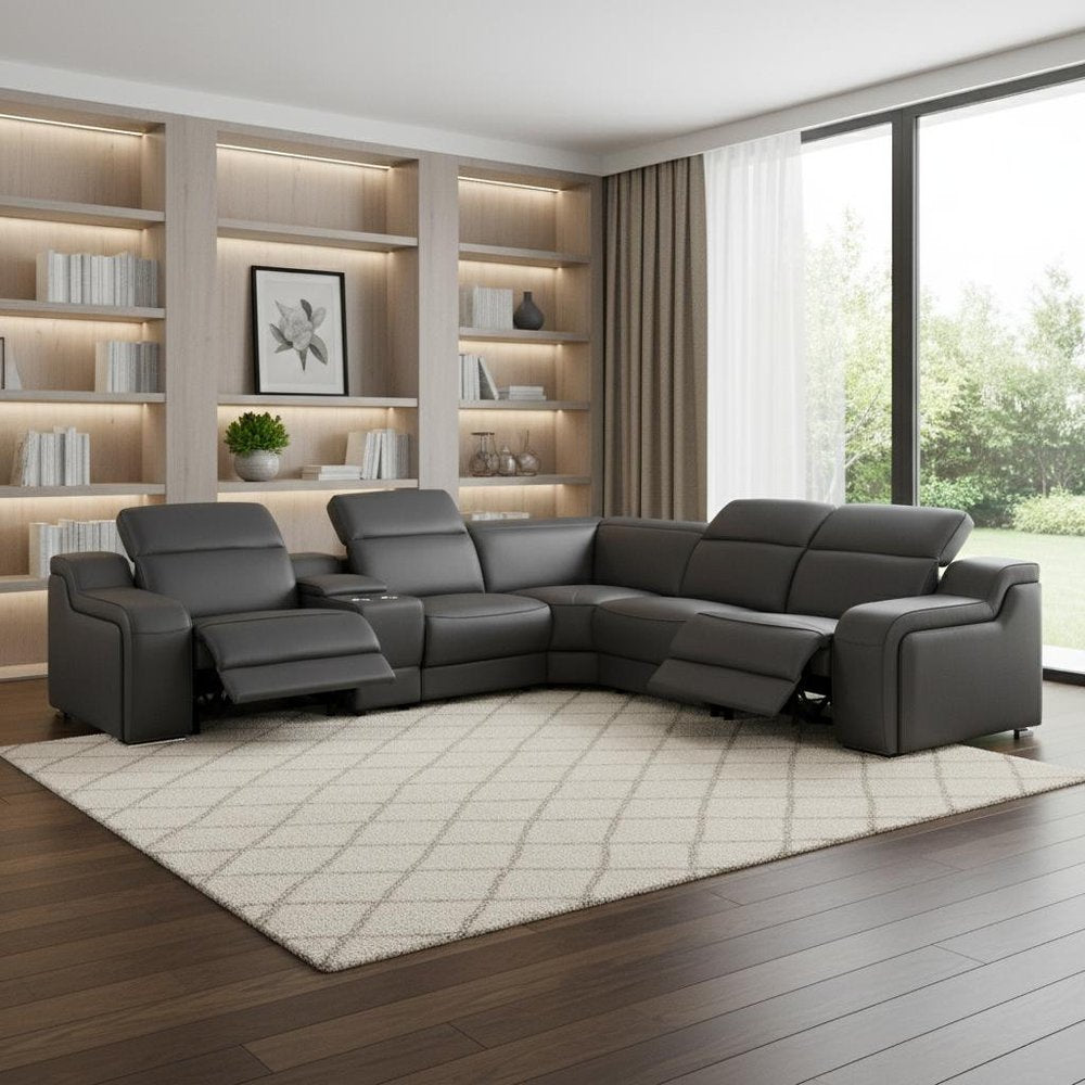 Dark Gray Italian Leather Power Reclining L Shaped Six Piece Corner Sectional with Console
