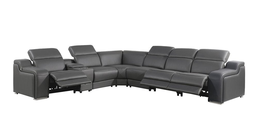 Gray Italian Leather Power Reclining Curved Seven Piece Corner Sectional with Console