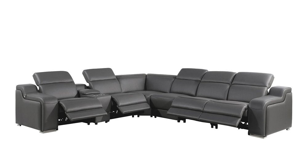 Gray Italian Leather Power Reclining Curved Seven Piece Corner Sectional with Console