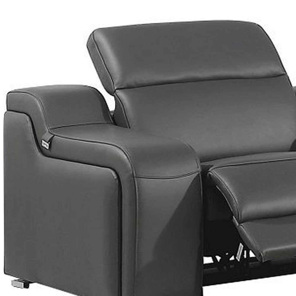 Gray Italian Leather Power Reclining Curved Eight Piece Corner Sectional with Console