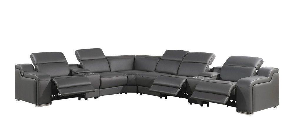 Gray Italian Leather Power Reclining Curved Eight Piece Corner Sectional with Console