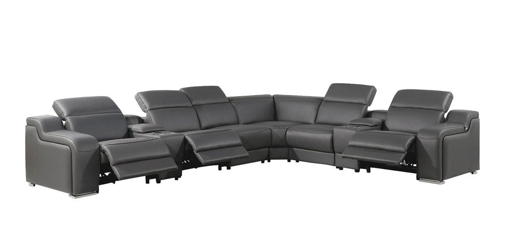 Gray Italian Leather Power Reclining Curved Eight Piece Corner Sectional with Console