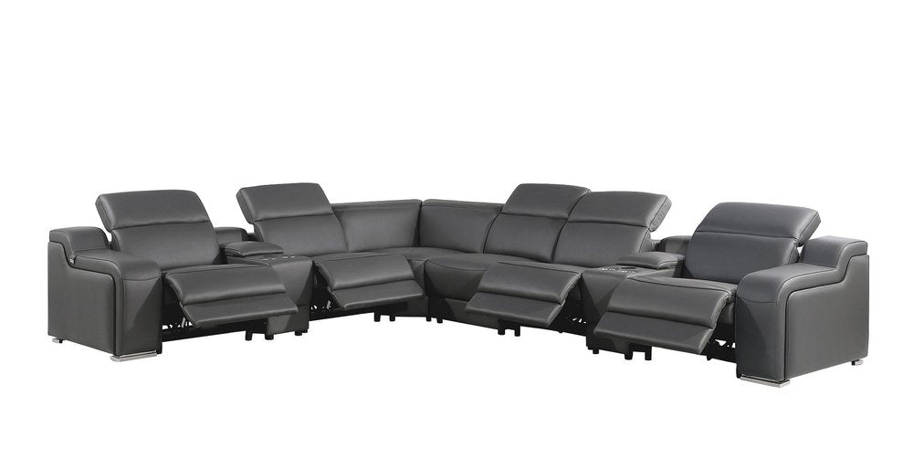 Gray Italian Leather Power Reclining Curved Eight Piece Corner Sectional with Console