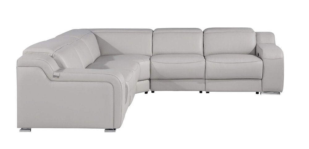 Light Gray Italian Leather Power Reclining Curved Five Piece Corner Sectional with Console