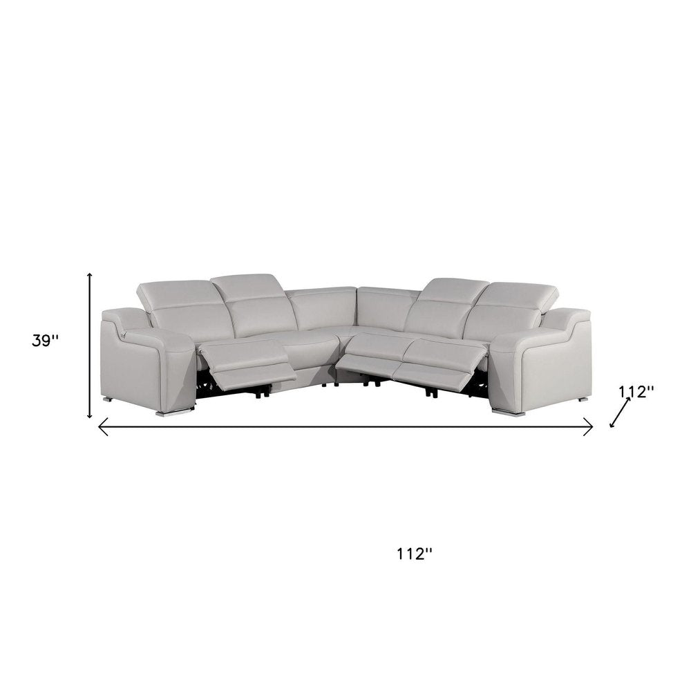 Light Gray Italian Leather Power Reclining Curved Five Piece Corner Sectional with Console