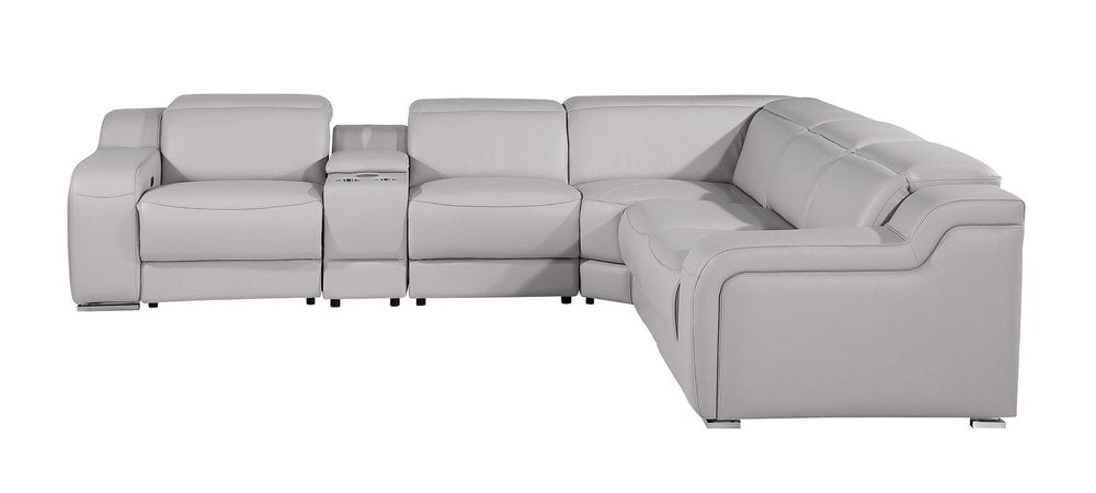 Light Gray Italian Leather Power Reclining Curved Six Piece Corner Sectional with Console