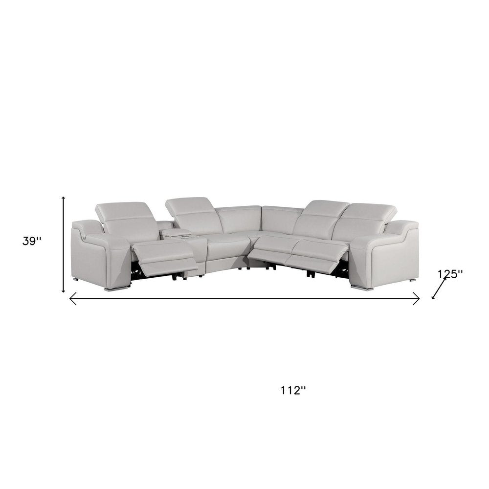 Light Gray Italian Leather Power Reclining Curved Six Piece Corner Sectional with Console
