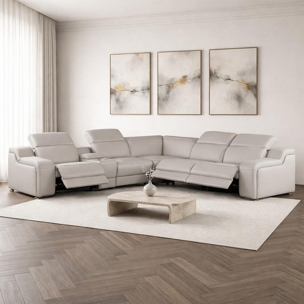 Light Gray Italian Leather Power Reclining Curved Six Piece Corner Sectional with Console