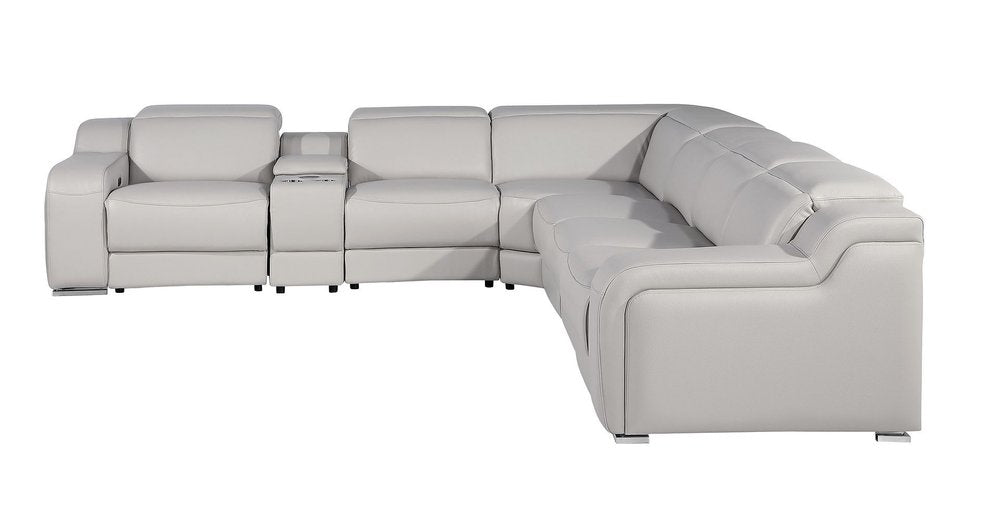 Light Gray Italian Leather Power Reclining Curved Seven Piece Corner Sectional with Console