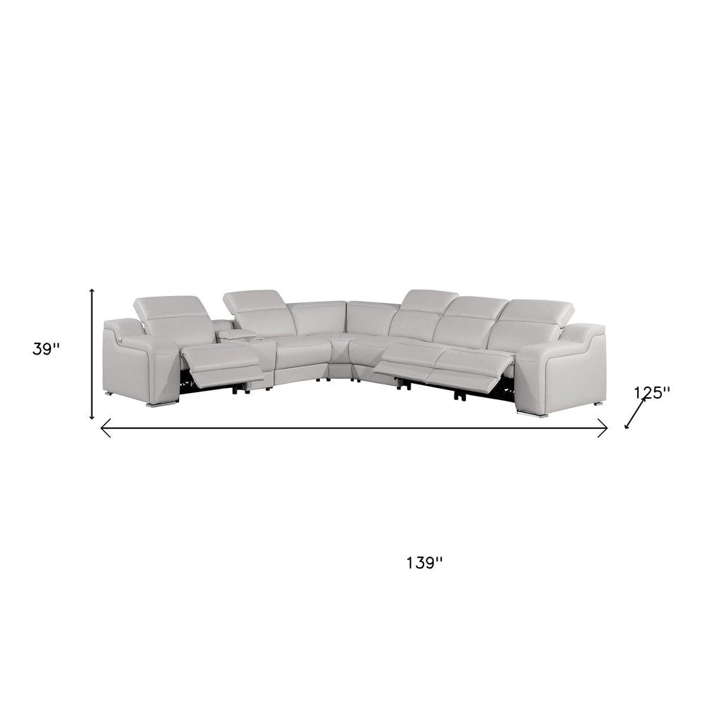 Light Gray Italian Leather Power Reclining Curved Seven Piece Corner Sectional with Console