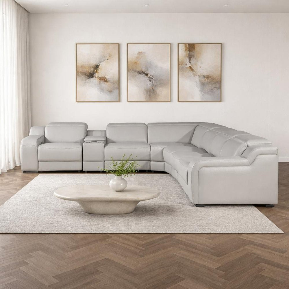 Light Gray Italian Leather Power Reclining Curved Seven Piece Corner Sectional with Console