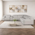 Light Gray Italian Leather Power Reclining Curved Seven Piece Corner Sectional with Console