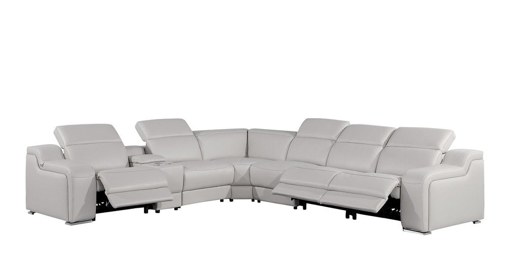 Light Gray Italian Leather Power Reclining Curved Seven Piece Corner Sectional with Console