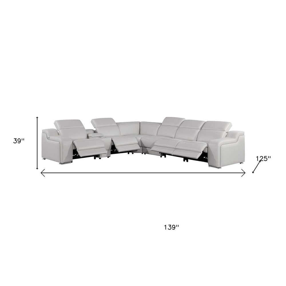 Light Gray Italian Leather Power Reclining Curved Seven Piece Corner Sectional with Console