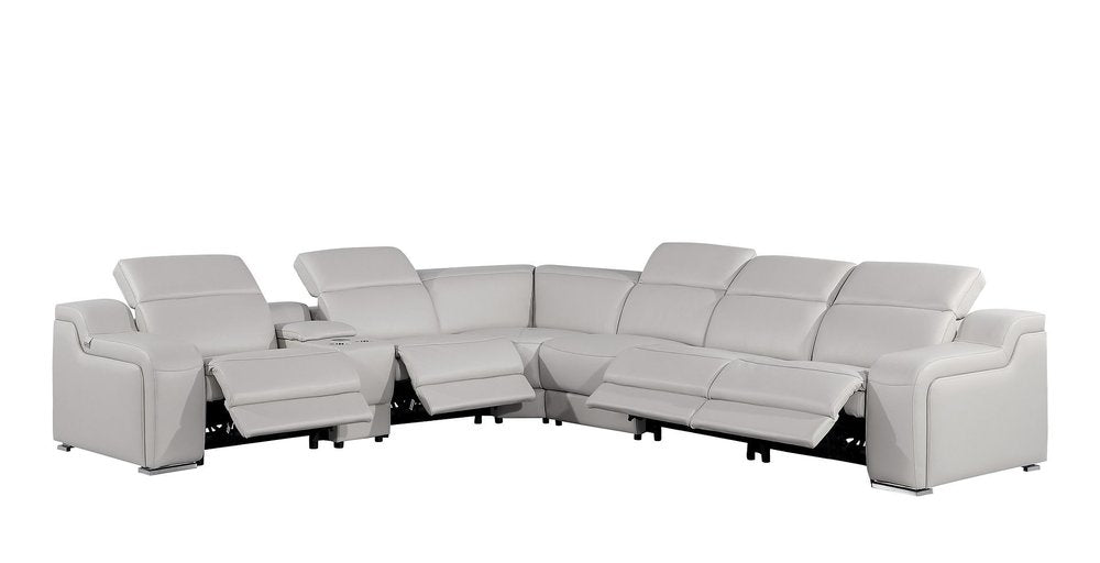 Light Gray Italian Leather Power Reclining Curved Seven Piece Corner Sectional with Console