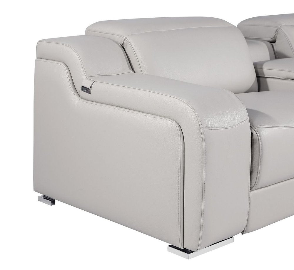 Light Gray Italian Leather Power Reclining Curved Eight Piece Corner Sectional with Console