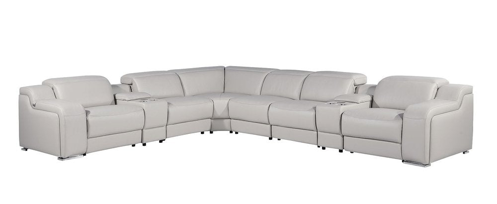 Light Gray Italian Leather Power Reclining Curved Eight Piece Corner Sectional with Console