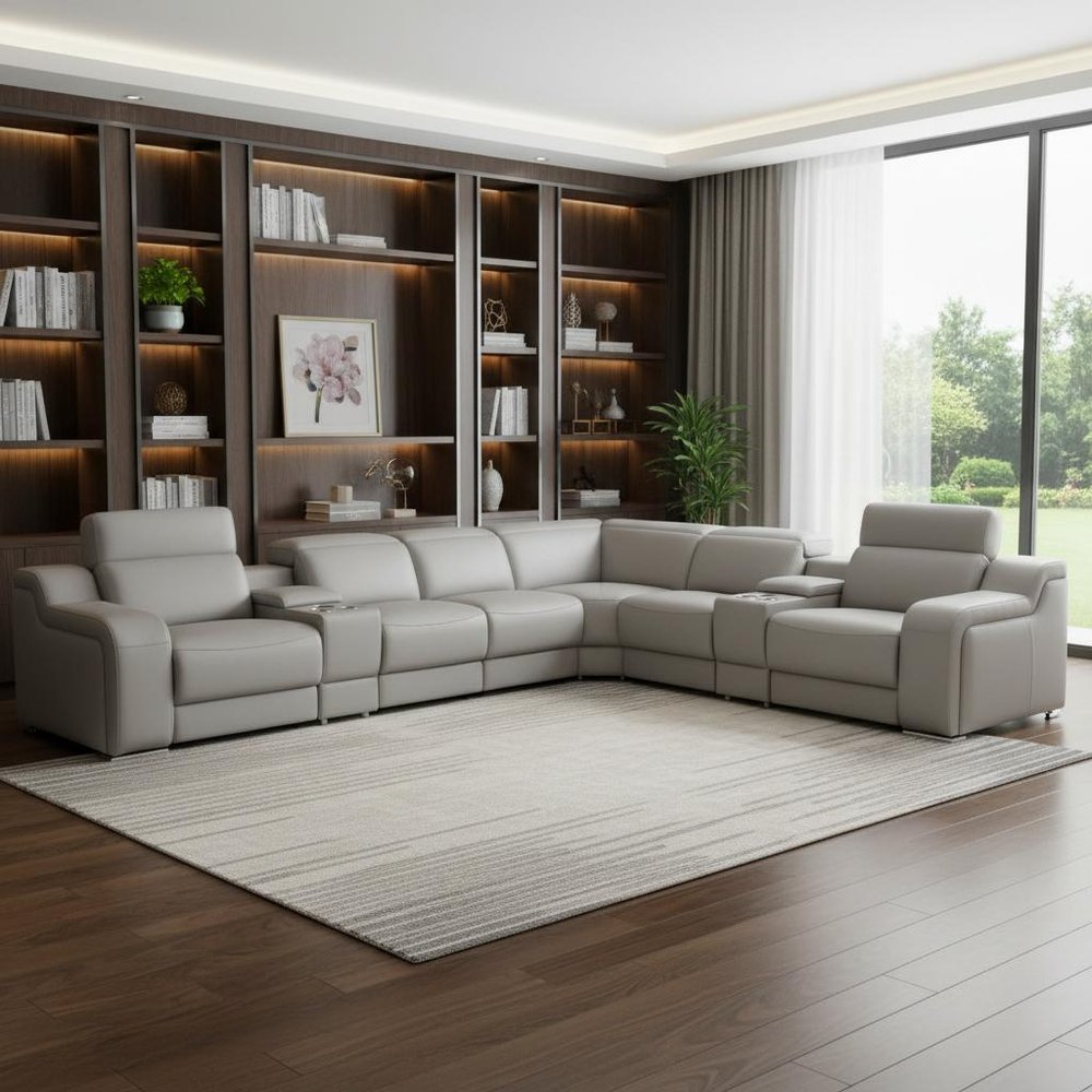 Light Gray Italian Leather Power Reclining Curved Eight Piece Corner Sectional with Console