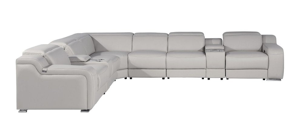 Light Gray Italian Leather Power Reclining Curved Eight Piece Corner Sectional with Console