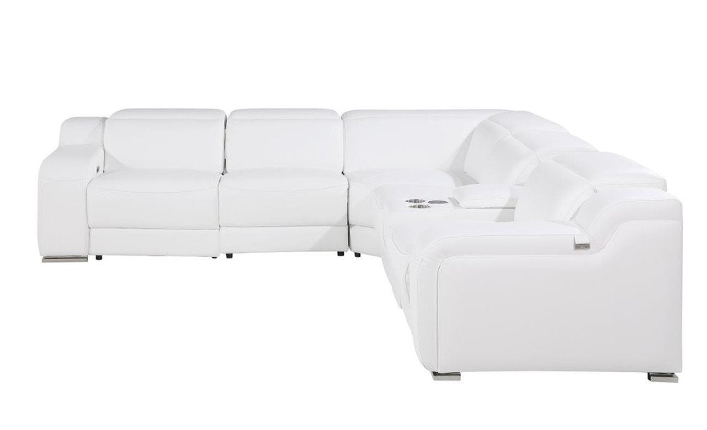White Italian Leather Power Reclining L Shaped Six Piece Corner Sectional with Console